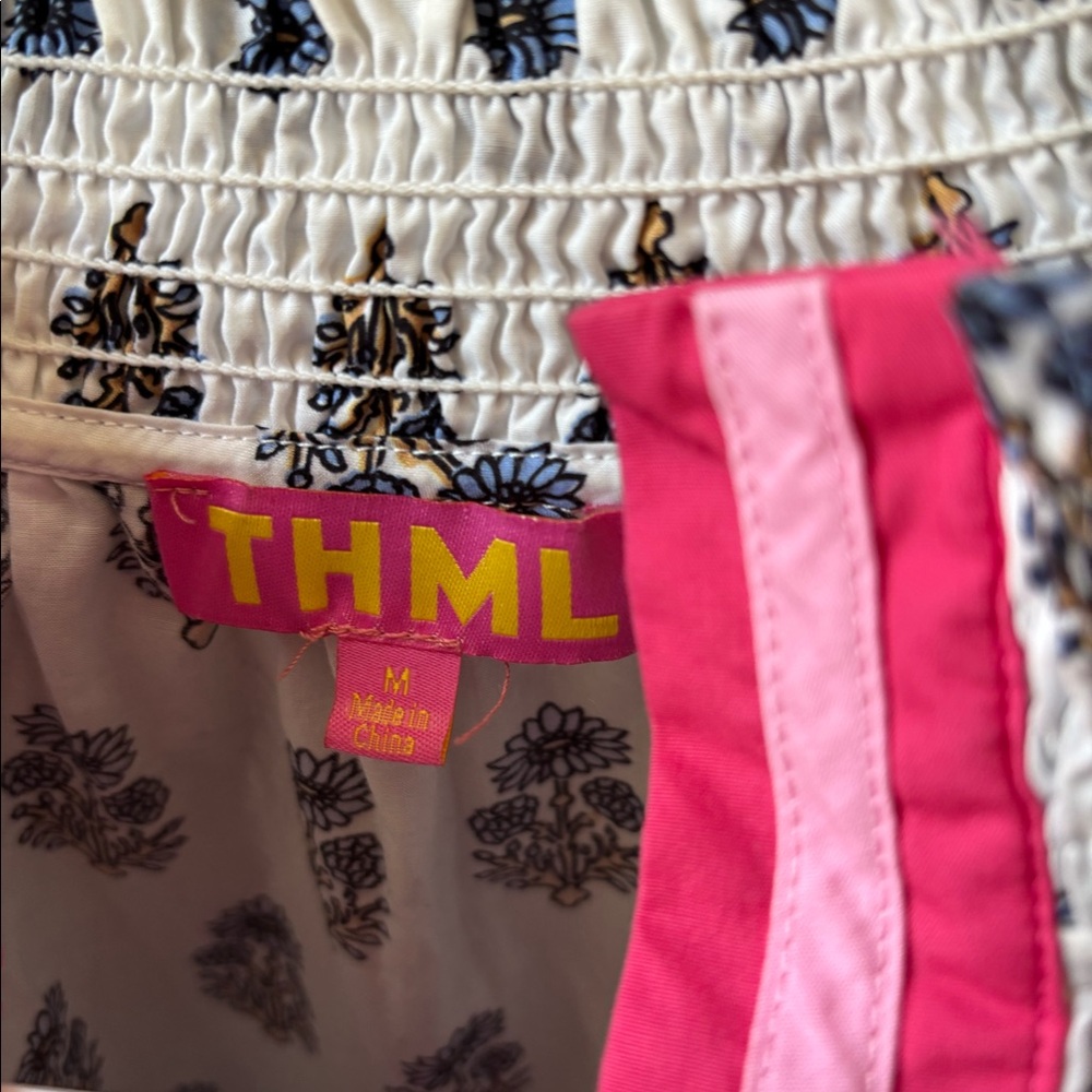 THML White Floral Cotton Peasant Blouse with Pink Trim - Picture 4 of 4